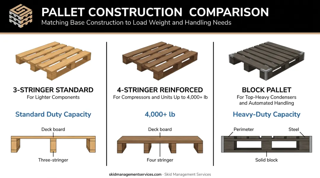 3-stringer versus 4-stringer versus block pallet comparison for HVAC equipment