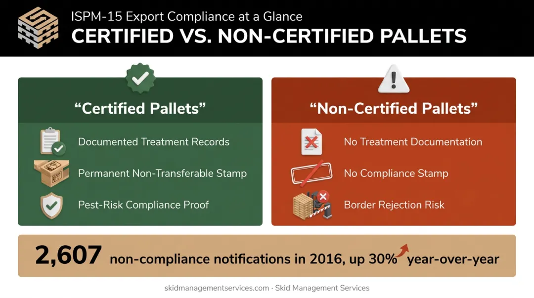 Certified versus non-certified pallet comparison showing treatment traceability and risk differences