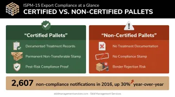 Certified versus non-certified pallet comparison showing treatment traceability and risk differences