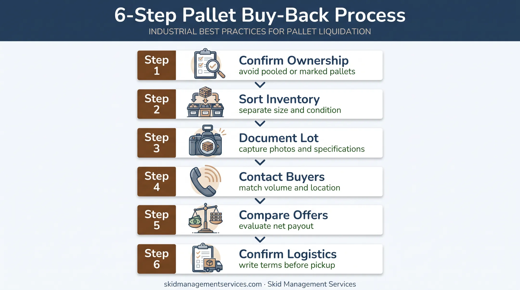 Six-step pallet sale process from ownership check to pickup