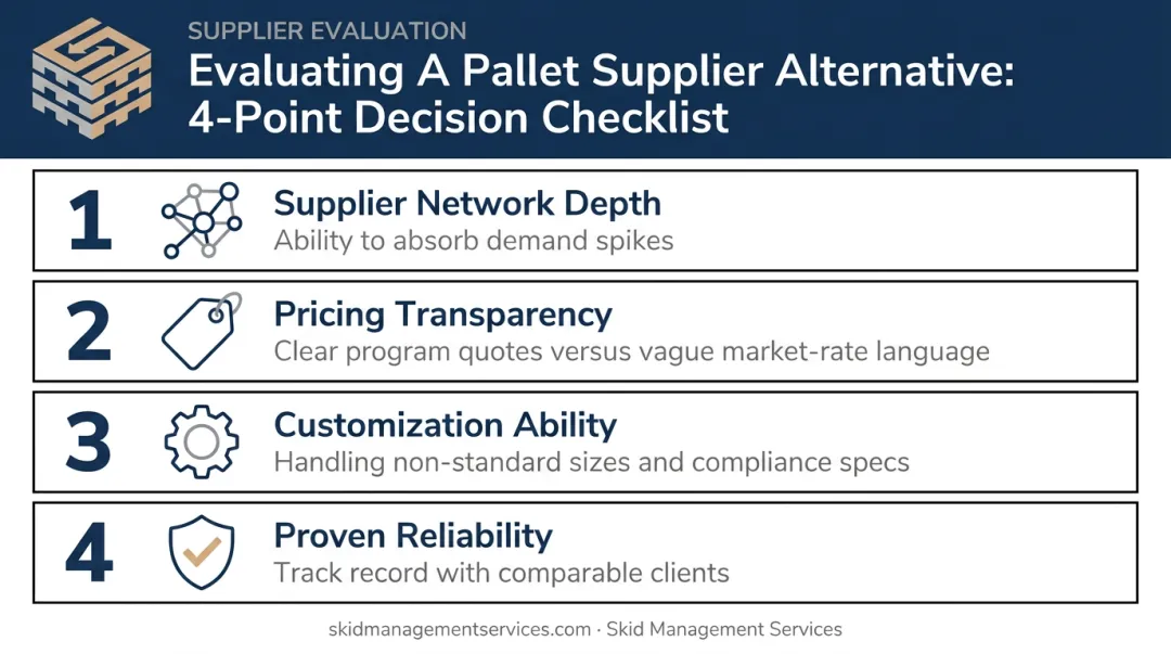 Four-factor decision framework infographic for choosing a pallet supplier alternative