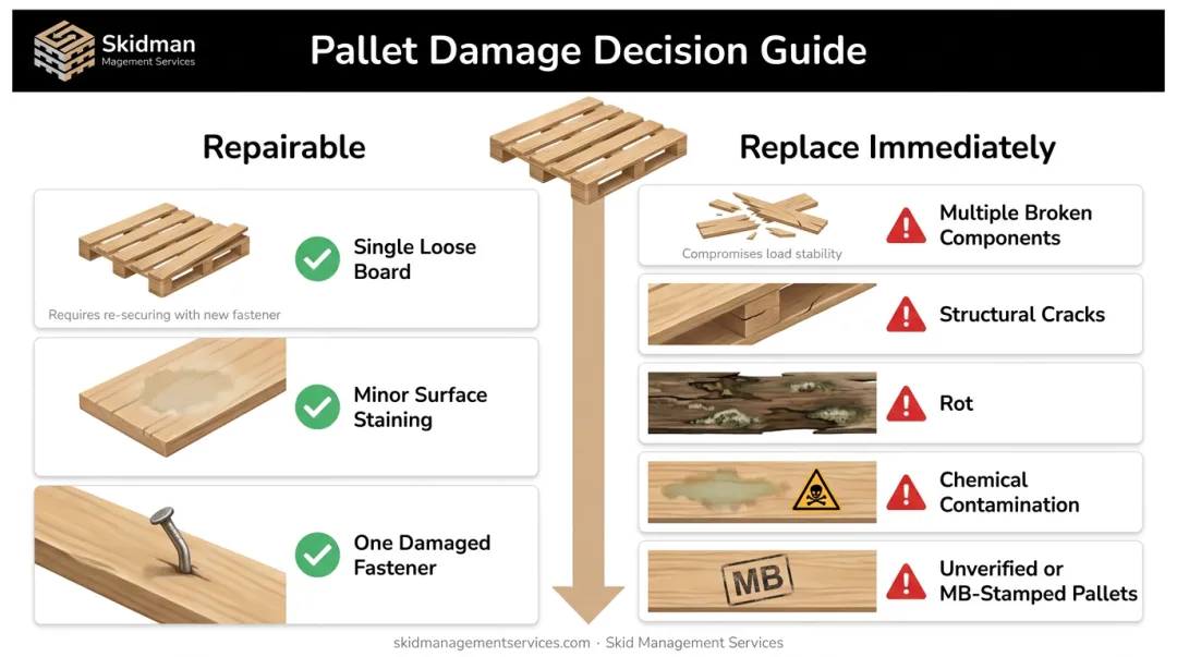 Pallet repair versus replace decision checklist comparing damage criteria