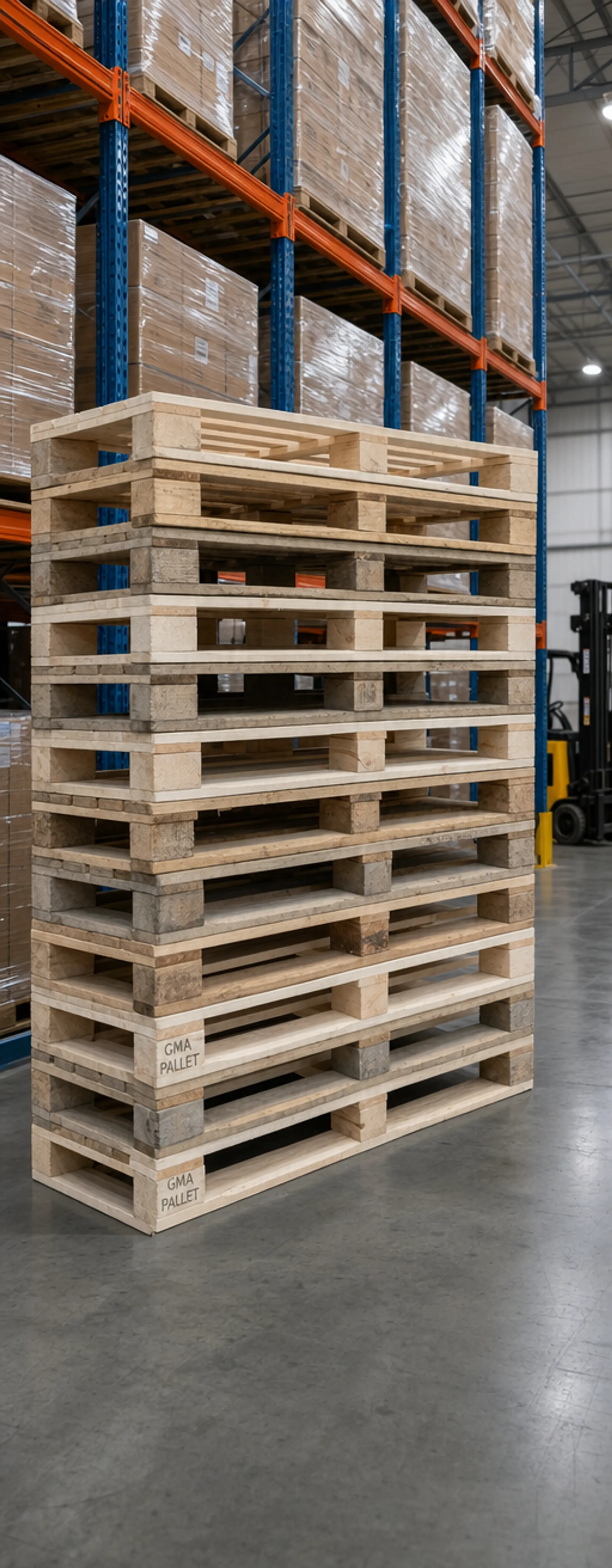 Standard 48x40 inch GMA wood pallets stacked in warehouse racking