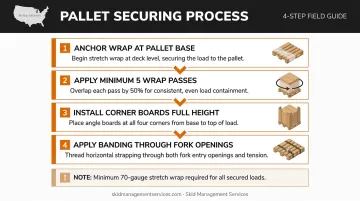4-step pallet load securing process with stretch wrap banding and corner boards