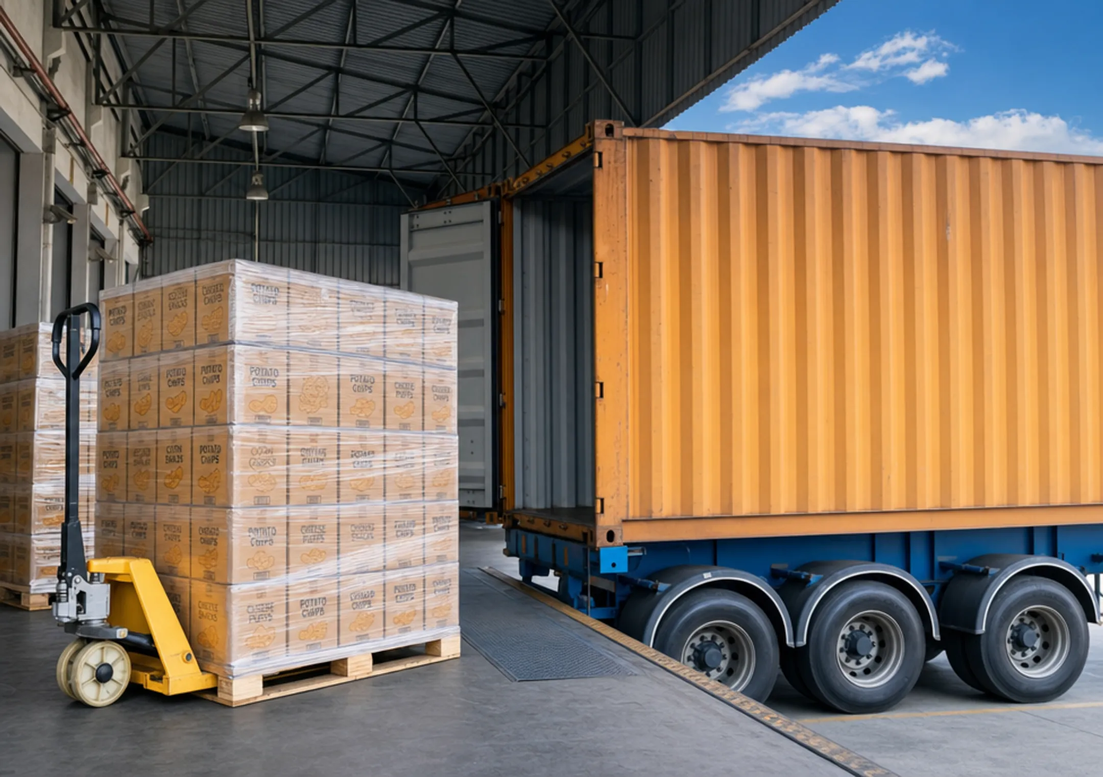 Snack manufacturer pallets loaded for export shipment at distribution facility