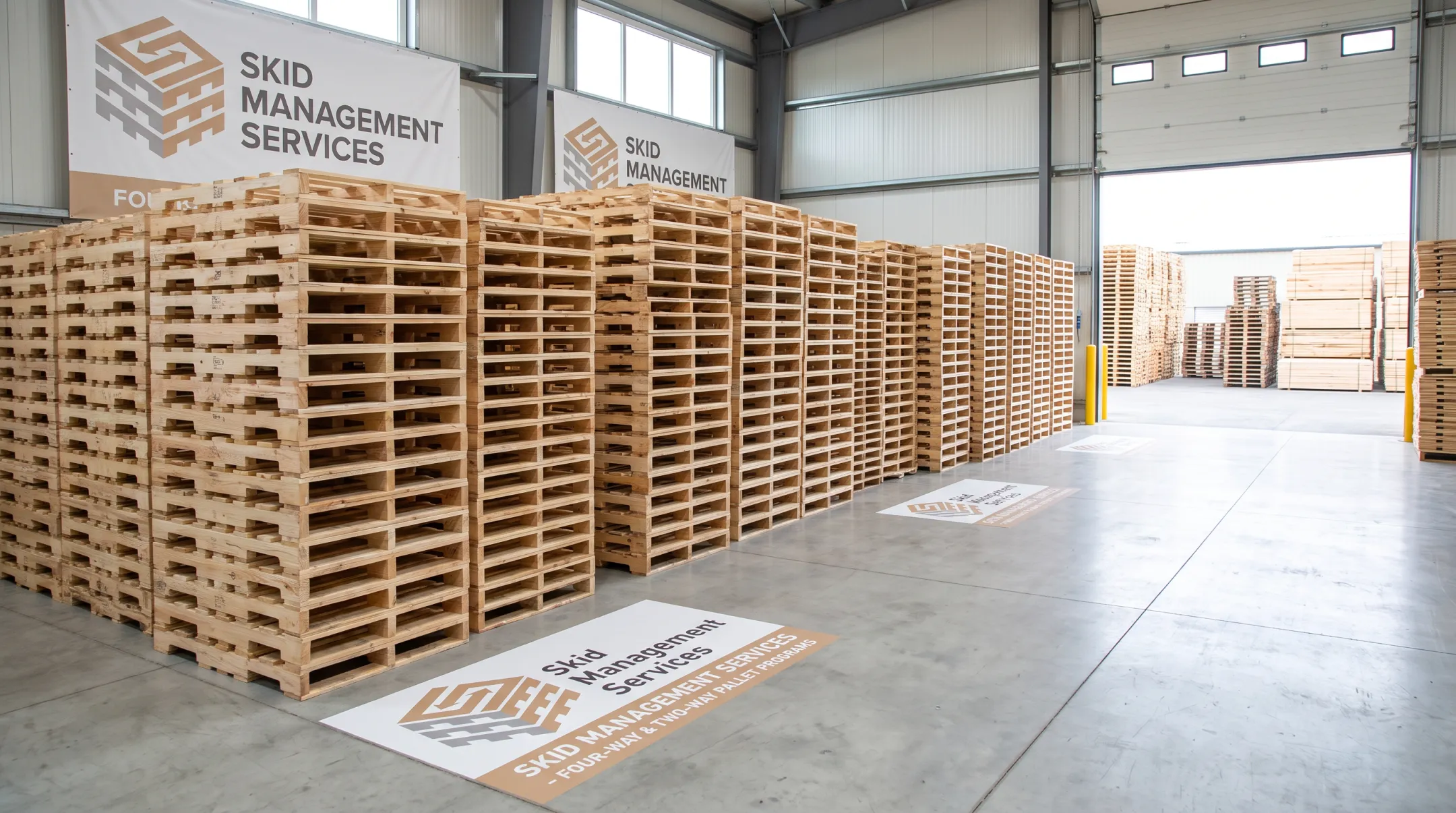 Skid Management Services warehouse stacked with new four-way block pallets