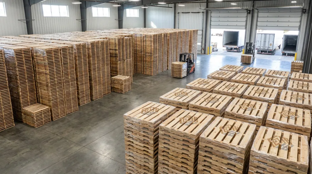Wood pallets stacked and organized in a shipping warehouse facility