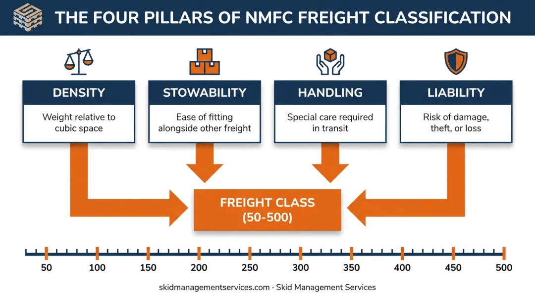 Four NMFC freight class factors density stowability handling and liability