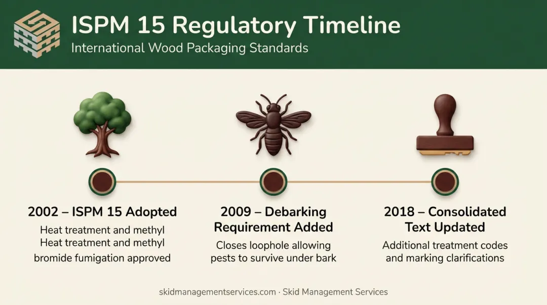 ISPM 15 regulatory history timeline from 2002 adoption to 2018 update