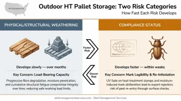 Two-category outdoor HT pallet storage risk comparison infographic showing speed and impact