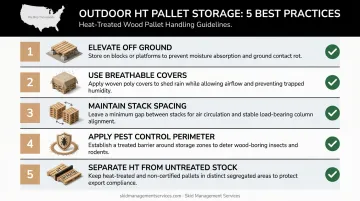 Five best practices for outdoor heat-treated pallet storage compliance checklist infographic