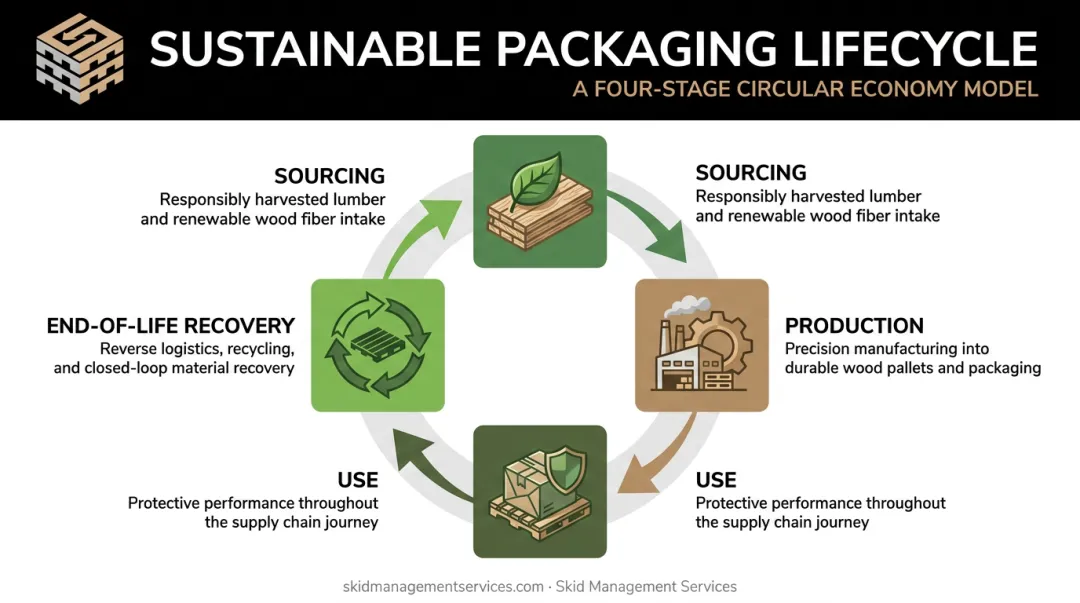 Four-stage sustainable packaging lifecycle from sourcing to end-of-life recovery