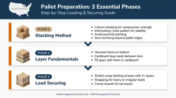 Step-by-step pallet stacking and load securing methods process infographic