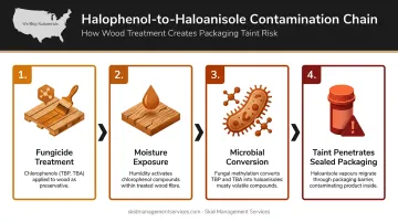 Halophenol to haloanisole contamination pathway affecting sealed pharmaceutical packaging