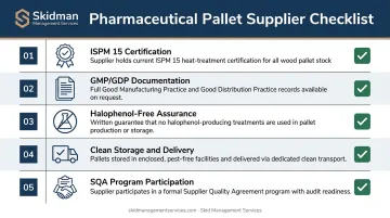 Five-point pharmaceutical pallet supplier evaluation compliance checklist infographic