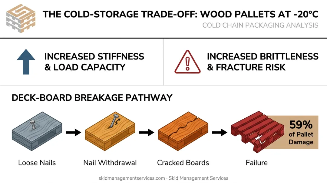 Wood pallet load capacity versus brittleness risk at sub-zero temperatures