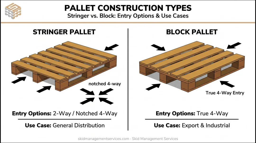 Stringer pallet versus block pallet side-by-side construction comparison infographic