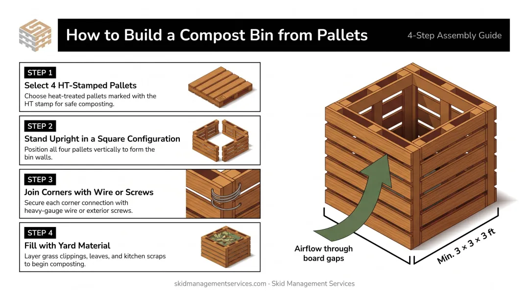 DIY pallet compost bin construction diagram showing four-pallet corner assembly