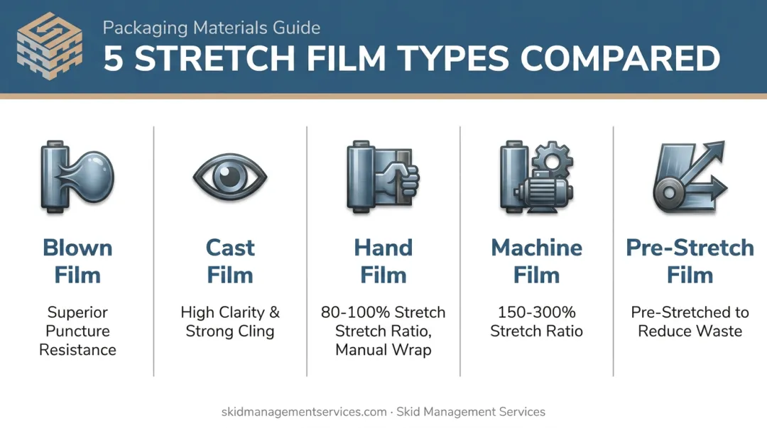 Five stretch film types comparing blown cast hand and machine wrap