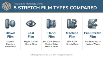 Five stretch film types comparing blown cast hand and machine wrap