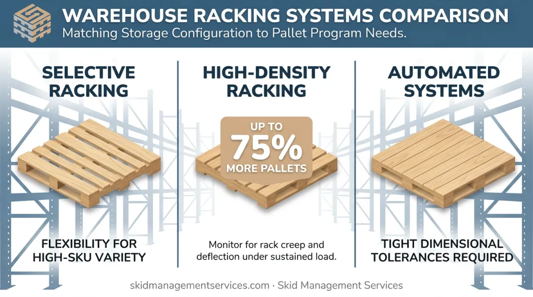 Selective versus high-density versus automated racking pallet spec comparison