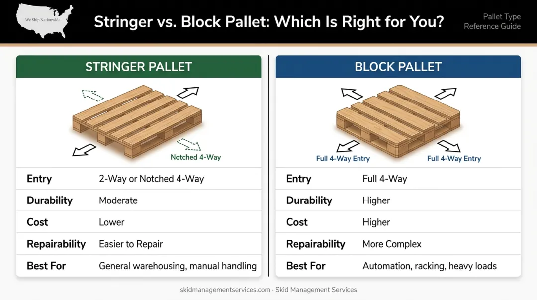 Stringer pallet versus block pallet side-by-side structural comparison infographic