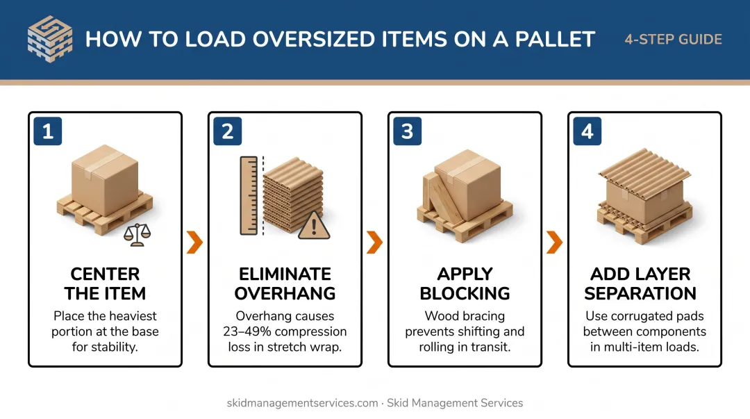 4-step oversized pallet loading process with centering blocking and securing tips