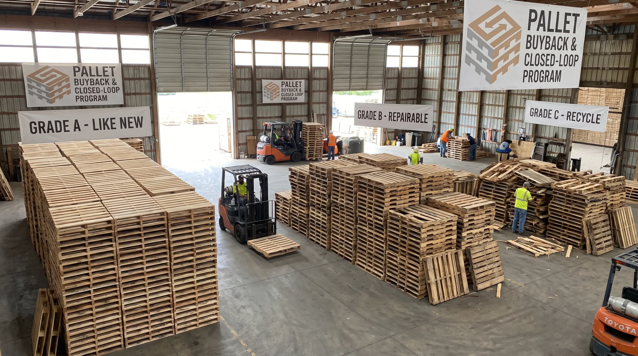 Sorted pallets by grade in closed-loop buyback warehouse program