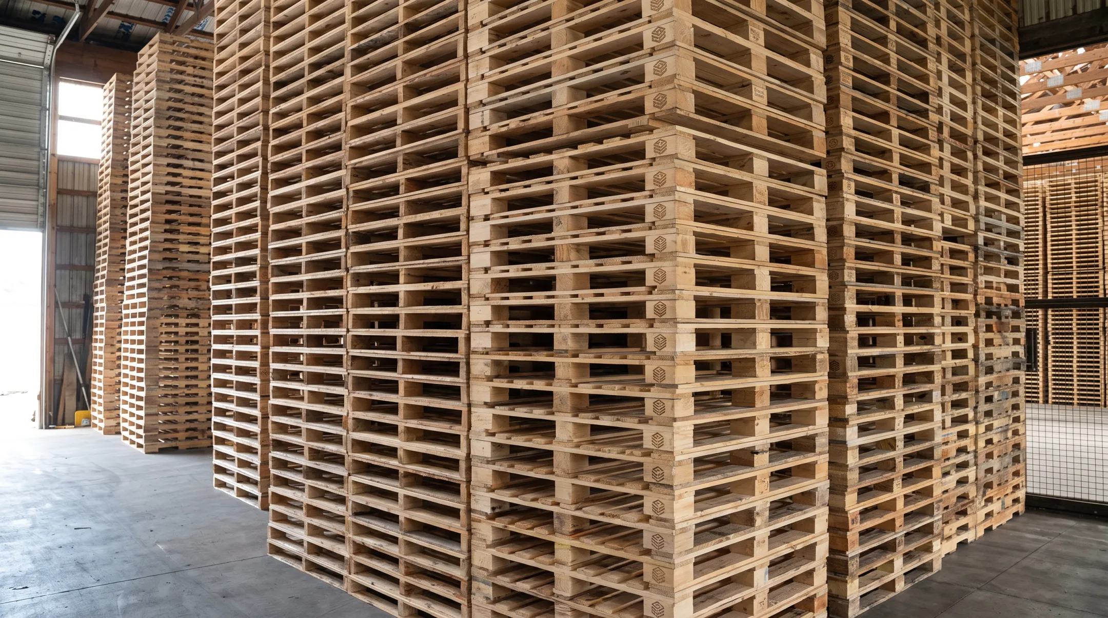 Grade A recycled wood pallets stacked for food-grade packaging programs
