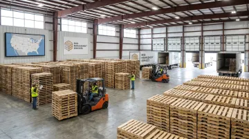 Skid Management Services warehouse stocked with recycled wood pallets