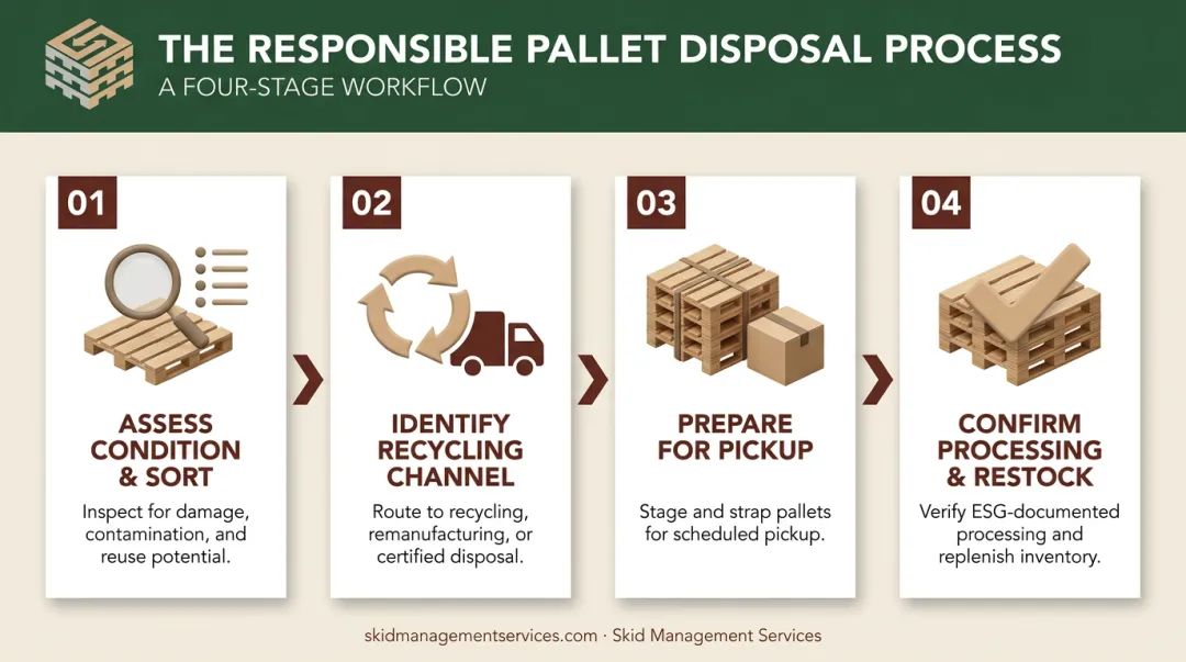 4-step wood pallet disposal and recycling process flow diagram
