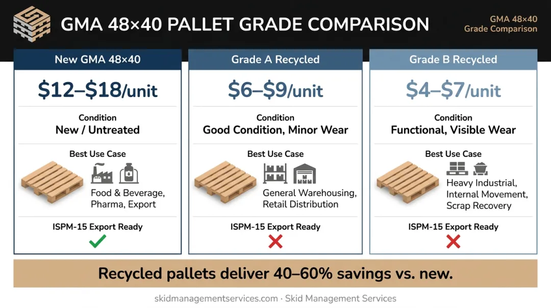 New versus Grade A versus Grade B recycled pallet cost comparison infographic