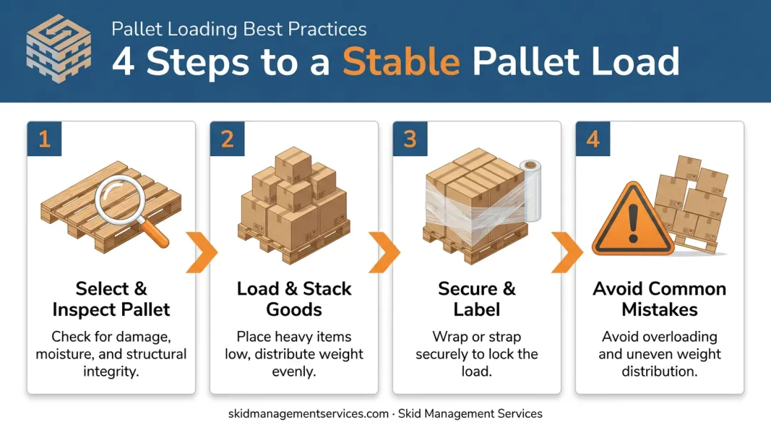 4-step pallet loading process from selection to securing and labeling