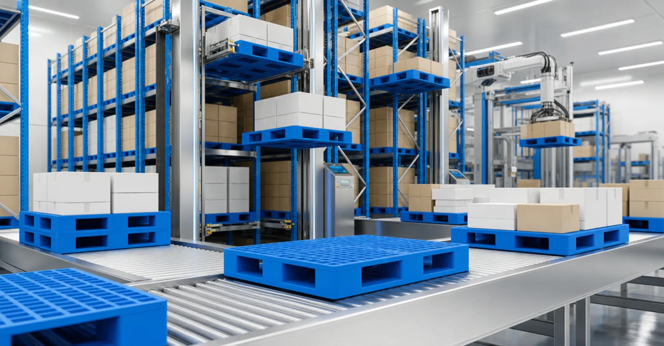 Plastic pallets stacked in automated warehouse facility
