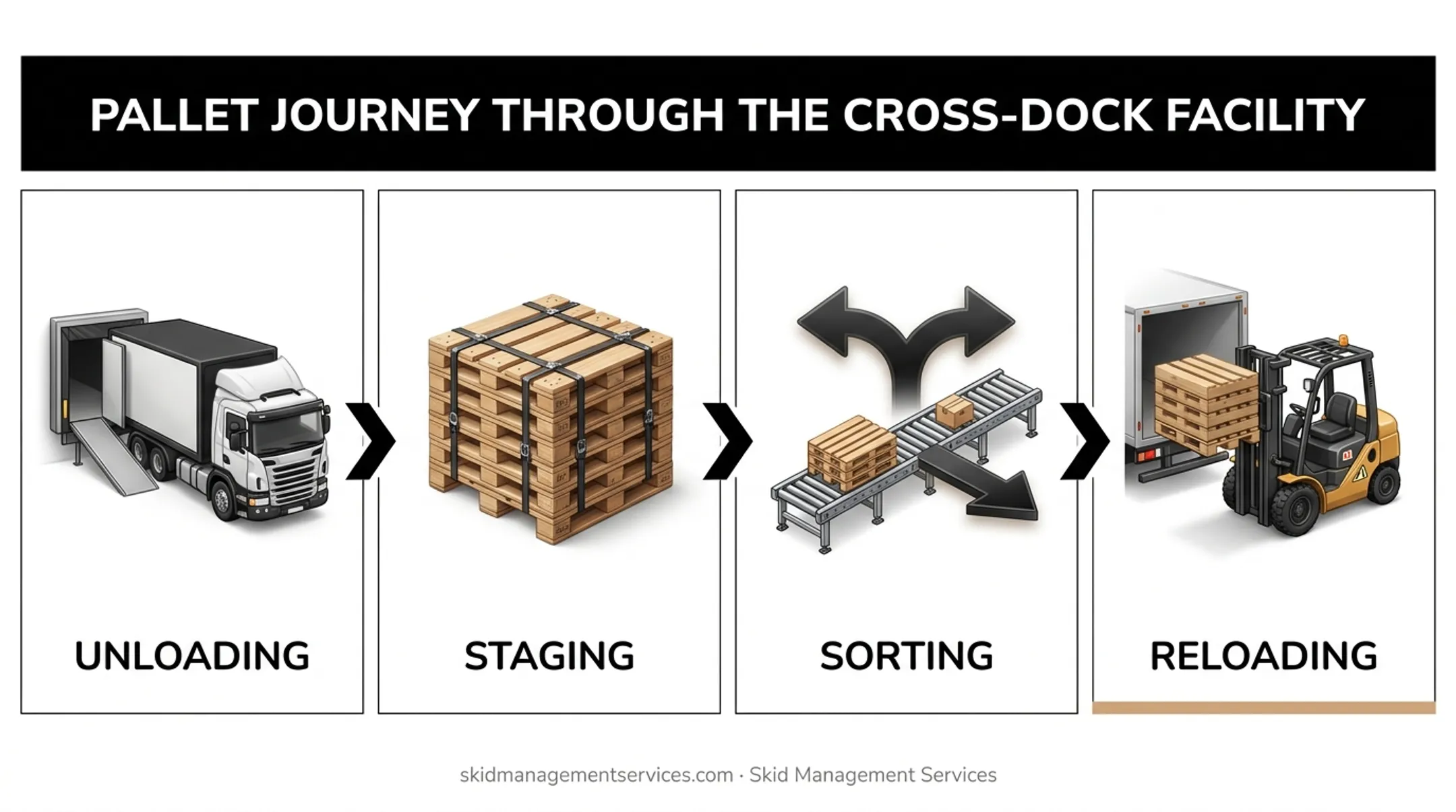 Pallet flow through cross-dock stages from unloading to reloading