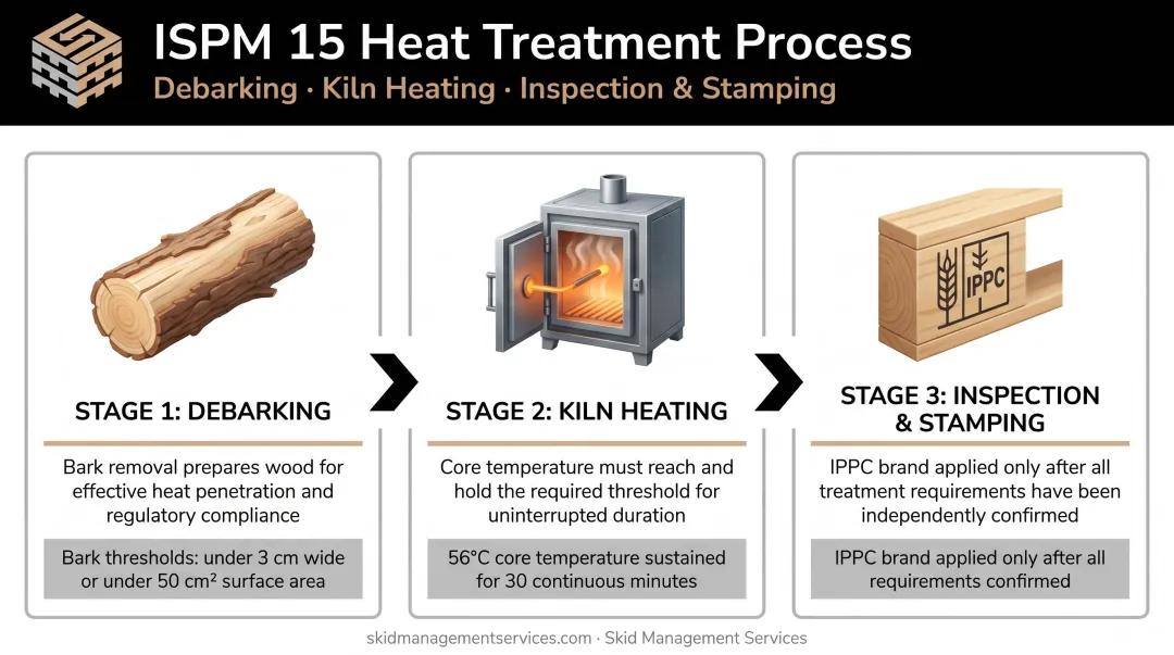 Three-step heat treatment process for ISPM 15 compliant wood pallets
