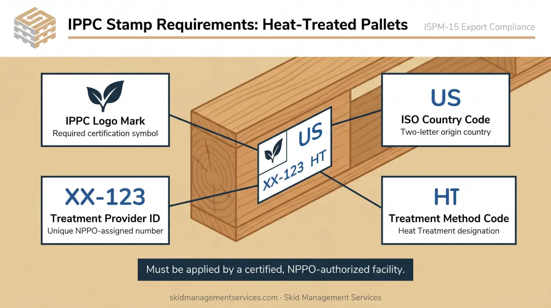 IPPC stamp four required elements diagram for ISPM 15 compliant pallets