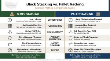 Block stacking versus pallet racking six-factor side-by-side decision comparison chart
