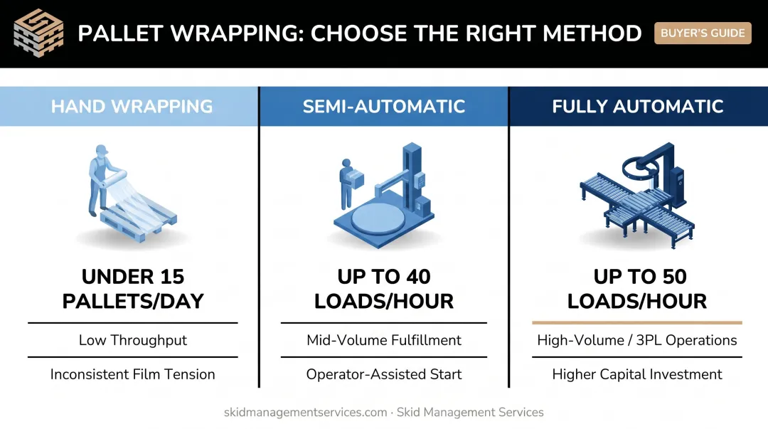 Hand wrapping versus semi-automatic versus fully automatic pallet wrapper comparison chart