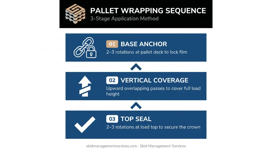 3-stage pallet wrapping sequence from base anchor to top seal