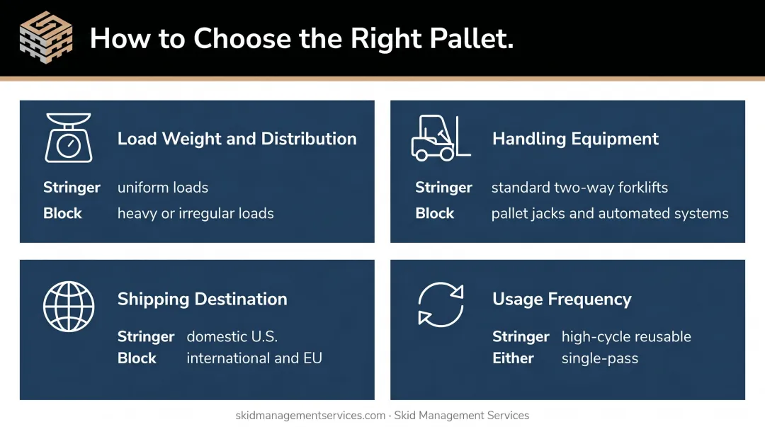 Four-factor pallet selection decision guide for warehouse operations infographic