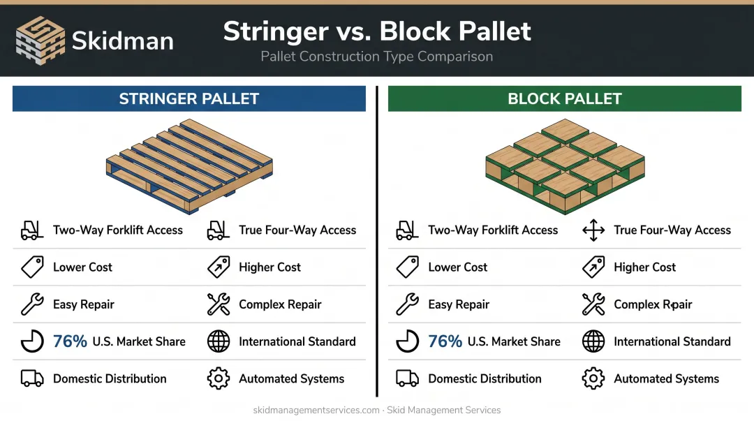 Stringer pallet versus block pallet side-by-side structural comparison infographic