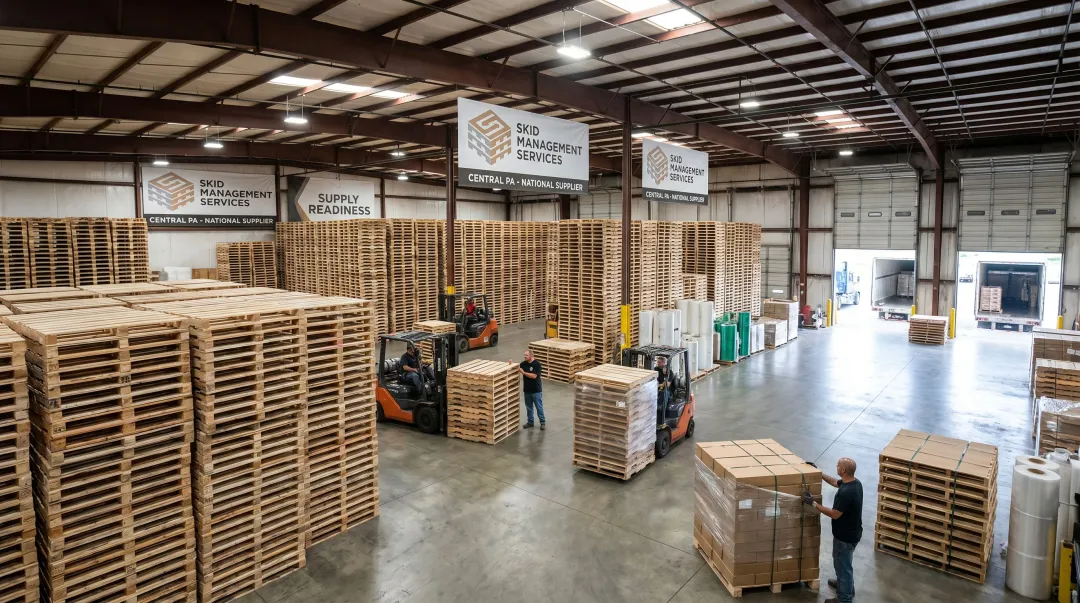 Skid Management Services Pennsylvania pallet warehouse with stacked ISPM 15 certified export pallets