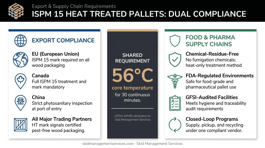 ISPM 15 heat treated pallet dual-use compliance export and food-grade supply chains