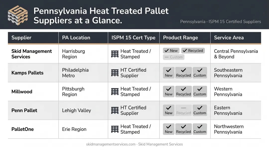Top Pennsylvania heat treated pallet suppliers comparison chart by location certification and product range