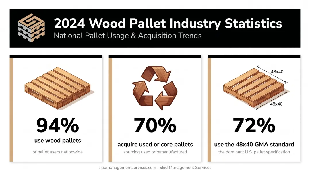 U.S. pallet usage statistics showing wood dominance recycled and GMA size adoption rates