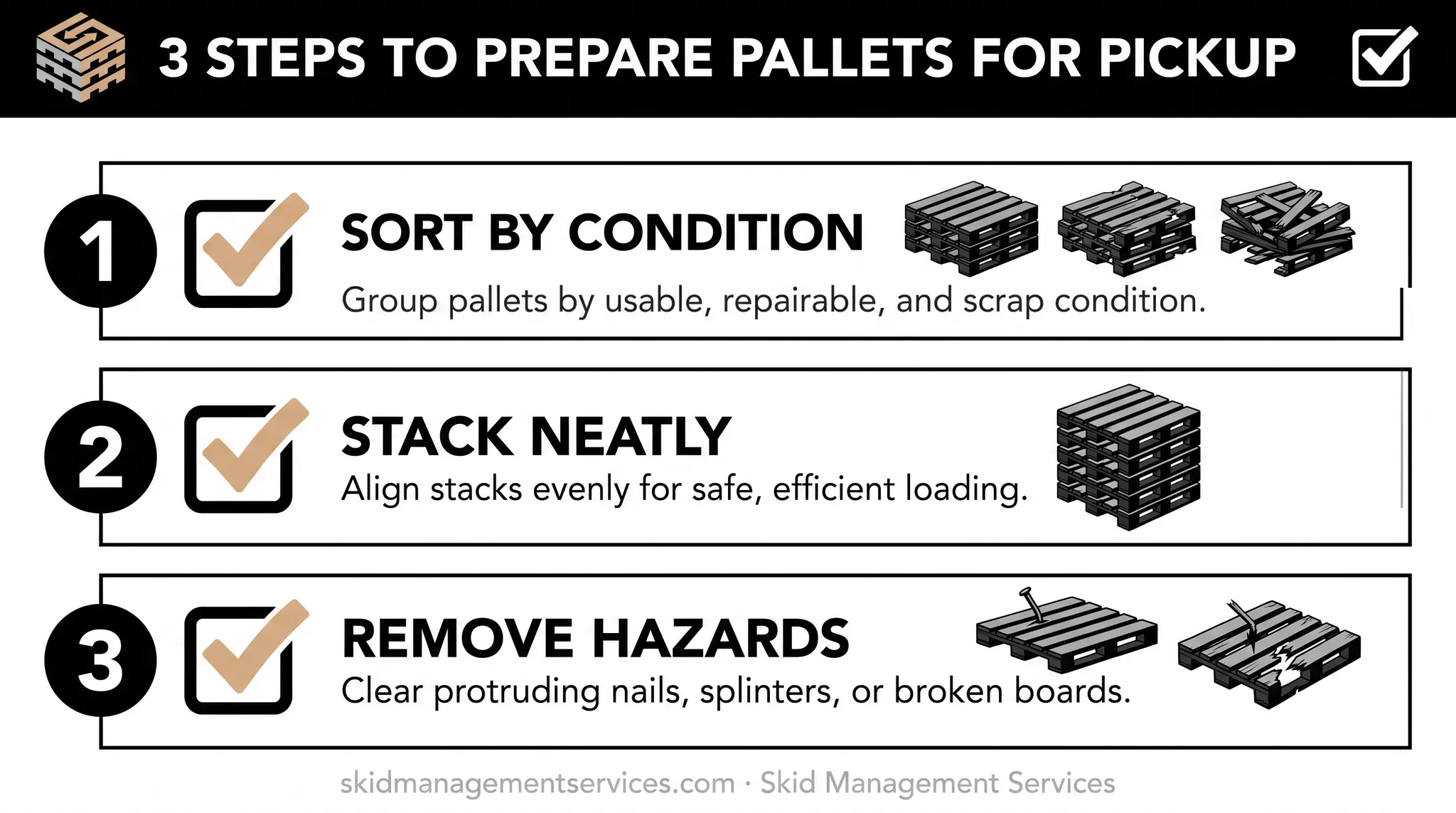 Three-step pallet preparation checklist for pickup or drop-off