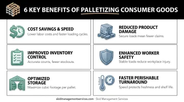 Six key benefits of palletizing consumer goods infographic