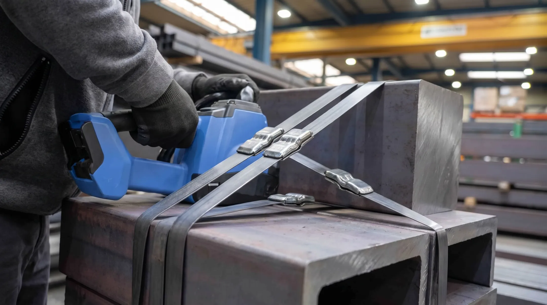 Steel strapping wrapped around heavy metal coil load