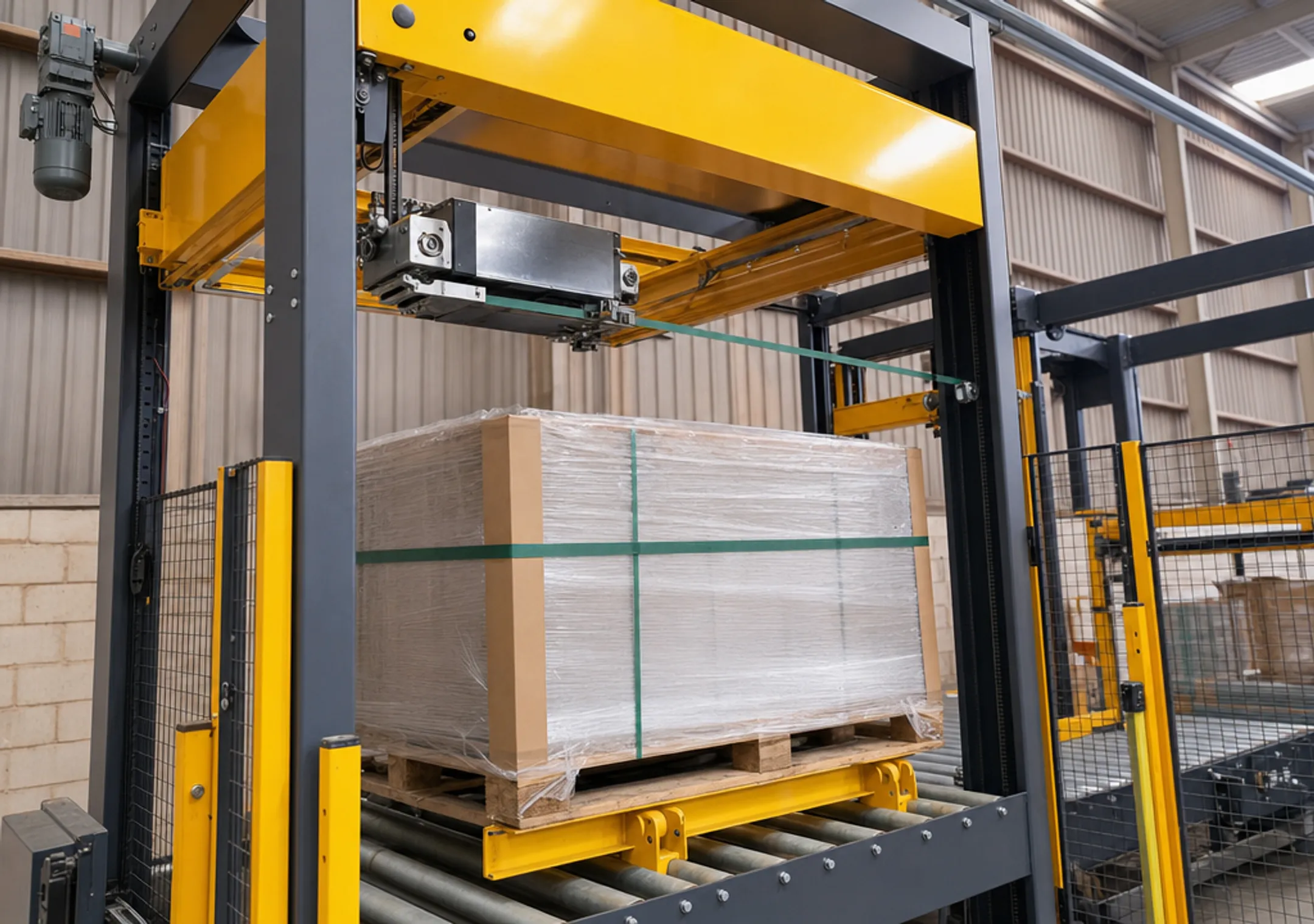 Polyester strapping machine securing packaged goods on pallet